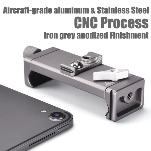 Full Metal Tablet Tripod Holder with Universal Clamp and Arca Swiss Dovetail shown with aircraft-grade aluminum and stainless steel, iron grey anodized finish.