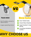 Comparison between plastic roller and metal roller for sliding doors, highlighting durability and performance features.
