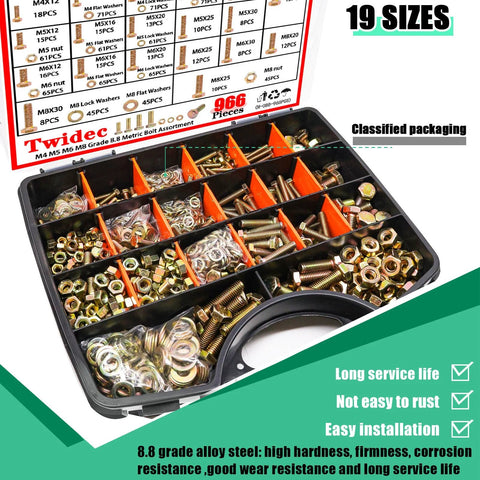 Metric Hex Bolts And Nuts Assortment Kit Grade 8.8 Zinc Plated M4 M5 M6 M8 Fasteners With Flat Washers in storage case