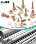 Metric Hex Bolts And Nuts Assortment Kit Grade 8.8 Zinc Plated M4 M5 M6 M8 with washers displayed on metal rods