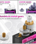 Close-up of 4PCS MG90S 9g Micro Servo Motor Metal Gear for RC Robot Car Plane Helicopter Mini Servos showcasing aluminum gears.