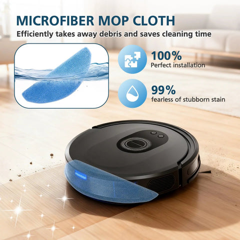 Replacement Parts Kit For G8000 Max And L8000 Pro Robot Vacuums Includes 2 Main Brushes 6 Side Brushes 6 HEPA Filters And 6 Mop Pads Compatible With G8000 Max And L8000 Pro 2025 Version For Easy Maintenance showing microfiber mop cloth on robot vacuum.