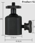 Side view of 2 Pack Mini Ball Heads With One Quarter Inch Mounting Screw, showing size dimensions and detailed design features.