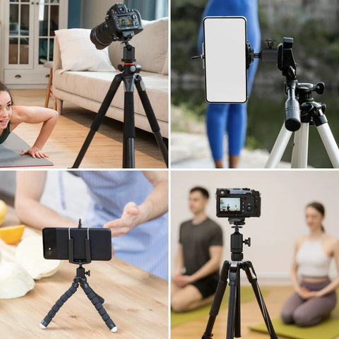 Various tripods with the 2 Pack Mini Ball Heads With One Quarter Inch Mounting Screw, showing use with camera and smartphone outdoors and indoors.