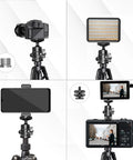 Mini Ball Head For Tripods With 360 Degree Panoramic Rotation And 135 Degree Tilt Universal 1/4 Inch To 3/8 Inch Screw Adapter Dual Cold Shoe Mount Compatible With DSLR Cameras, LED lights, and camcorders on tripods.