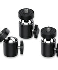 Quarter Inch Mini Ball Head Tripod Mount 3 Pack With 360 Degree Rotating Panoramic Base Adapters, black with silver elements