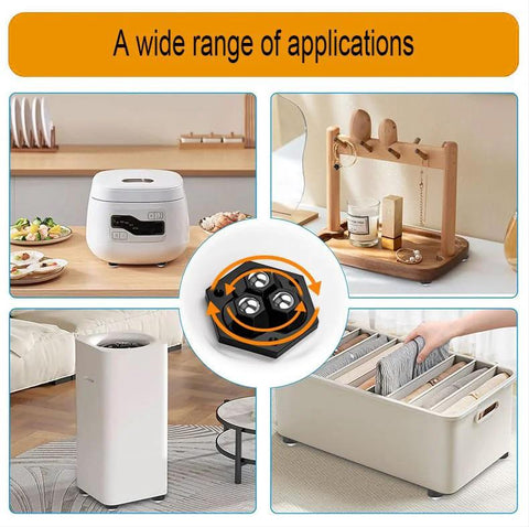 Collage of self adhesive mini caster wheels for small appliances and furniture sliders in use on various products like ovens and blenders.