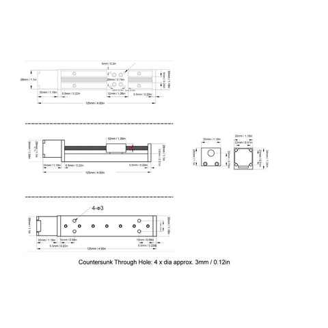 Technical drawing of Mini Linear Rail Slide Actuator - 50mm Stroke Alloy Stepper Motion Stage with 1 Piece Screw Rod, with dimensions.