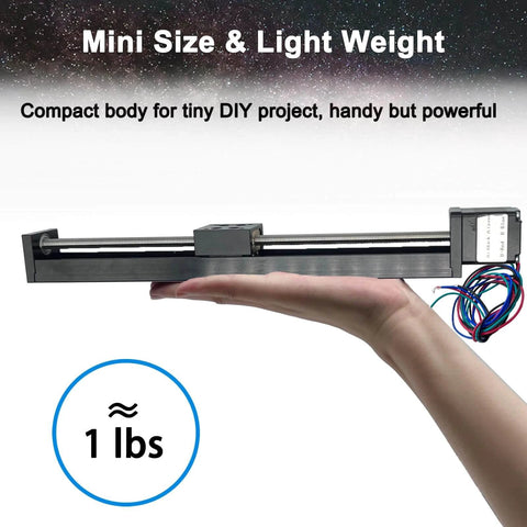 8" Stroke Mini Linear Rail Stage Actuator Effective with NEMA11 Stepper Motor + Square Small Slide Table for DIY CNC Router Parts X Y Z Linear (200MM) displayed in hand