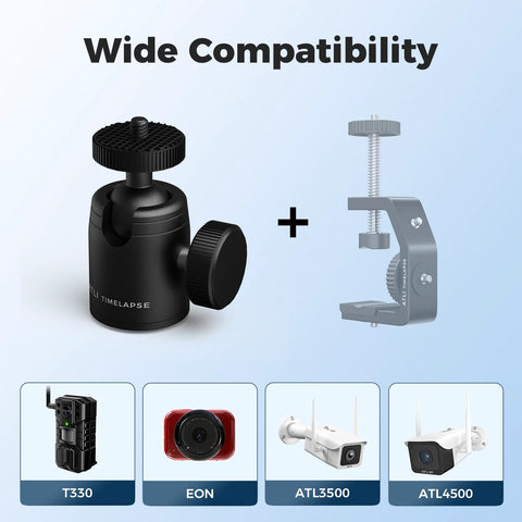 Universal Mini Tripod Ball Head with 1/4 inch screw, stainless steel and aluminum alloy, showing compatibility with ATL3500, ATL4500, ATL330.