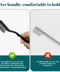 Comparison of a mini stainless steel wire brush with a curved handle and a straight-handled brush, showcasing ergonomic grip benefits.