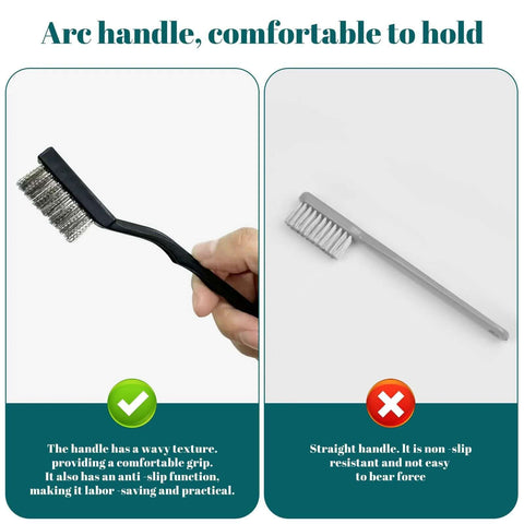 Comparison of a mini stainless steel wire brush with a curved handle and a straight-handled brush, showcasing ergonomic grip benefits.