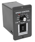 Front view of DC12V-60V/20A Motor Speed Controller with knob and switch, suitable for DC brush motor control.