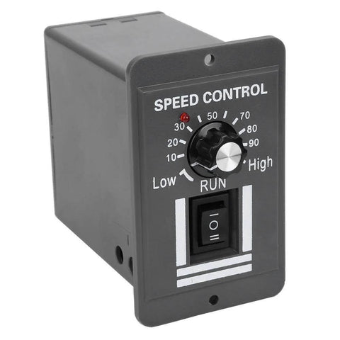 Front view of DC12V-60V/20A Motor Speed Controller with knob and switch, suitable for DC brush motor control.