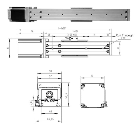 Technical drawing of motorized ball screw linear guide module for CNC linear stage with Nema 23 stepper motor, 300mm stroke, G1610 ball screw.
