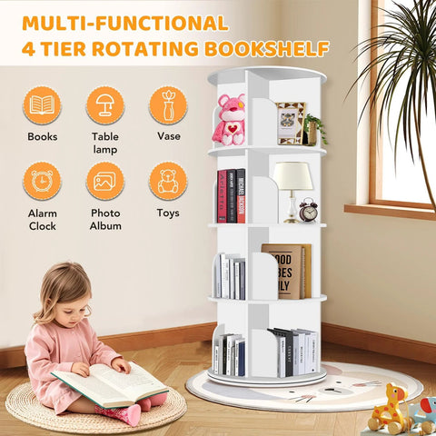Four Tier Rotating Bookshelf Tower with 360 Degree Spin for Corner Spaces, holds books, toys, decor, in a room with a child reading.
