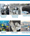 Image collage showing experimental research labs, inkjet printer, aquarium, smart home tech, and aviation uses for Small peristaltic Pump Stepper Motor 24V Adjustable Speed Kamoer KPAS-100 Long Service Life high-Precision dosing Pump (110ml/min （3.2mm ID ×6.4mm OD）3 rotors).