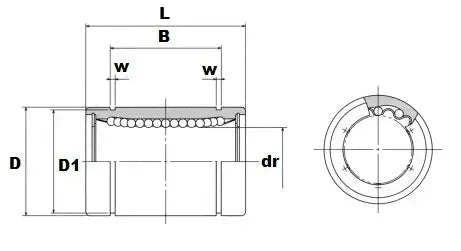 Technical drawing of ✝️ NB SMS50-P 50mm Ball Bushing Linear Motion for automation with dimensions labeled, showing internal structure.
