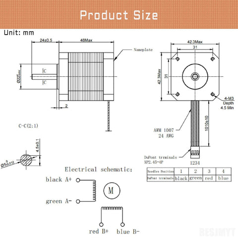 Technical schematic of Nema 17 Stepper Motor 3PCS 1.8 Deg Standard Step Angle High Torque 0.52Nm(73.63oz.in) 3D Printer CNC
