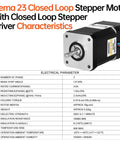 Nema 23 closed loop stepper motor with driver, technical specifications, front view.