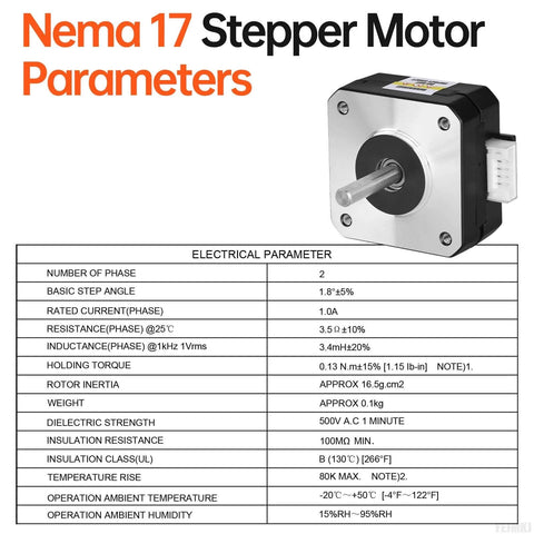 Diagram and specifications of a 10Pack Nema 17 Stepper Motor 1.8‌°‌ 2 Phase High Torque 0.13Nm(18.41oz·in) Bipolar 42x21mm.