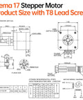 Technical diagram of Nema 17 Stepper Motor with T8 lead screw, showing dimensions and wire connections.