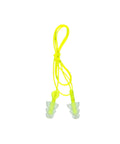 Tri Flange Corded Reusable Earplugs With 26 dB NRR In Neon Yellow, showing corded design and tri-flange for secure fit.