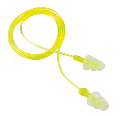 Tri Flange Corded Reusable Earplugs With 26 dB NRR In Neon Yellow, showing the earplugs and yellow cord for secure fit and easy carry.