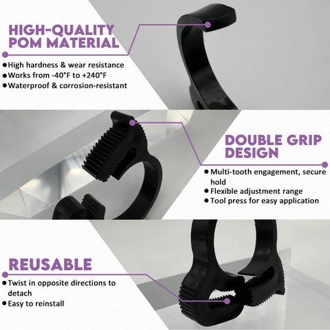 Plastic Hose Clamp 1.25 Inch Outer Diameter Heavy Duty Double Grip Nylon Hose Clamps With Snap Ratchet Adjustable Secure Fit visible in three views.