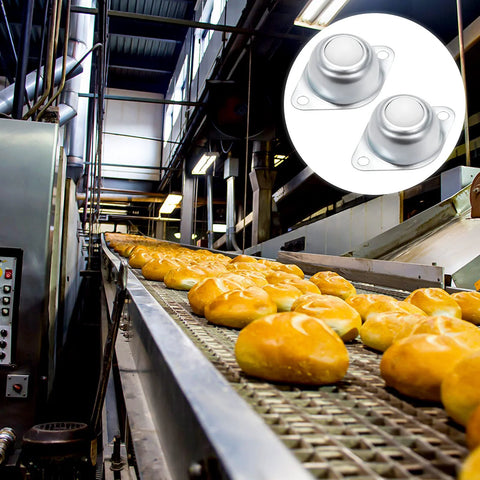 Conveyor belt with bread rolls and Six Pack Five Eighth Inch Nylon Roller Ball Transfer Bearing Casters With 360 Degree Swivel Wheels inset.