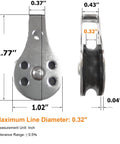 Front and side view of SUS316 Nylon Steel Rope Pulley System Wheel Outdoor Steel Pulley Smooth Cable Rigging Pulley Block Outdoor