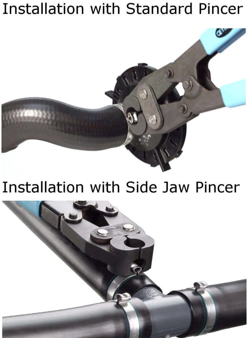 Top: Installation with standard pincer on Oetiker 167 Series Stepless Ear Clamp One Ear Size Range From 13.2 To 15.7 Millimeters Closed To Open Stainless Steel Pack Of 100 Dimpled Ear For Increased Clamp Force Visible Deformation For Proper Closure Mechanical Interlock For Corrosion Resistance. Bottom: Installation with side jaw pincer.