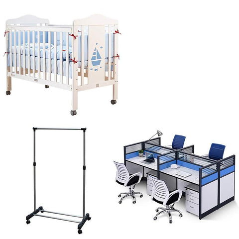 Collection of furniture items including a white crib with a sailboat design, a black clothing rack, and an office desk setup with chairs.