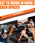Three Eighths Inch Offset Extension Wrench For Tight Spaces, Impact Ready Socket Extender in use, high carbon steel, orange.