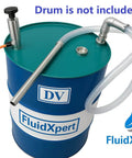 Oil Transfer Pump, Air Operated, Pneumatic, 55 Gallon Drum, 1.25 Inch ID, Teflon Packing, Chemical Transfer, shown on drum