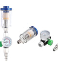 Oil Water Separator With Integrated Air Filter And Pressure Regulator For Spray Guns And Air Tools Inlet And Outlet G1 Quarter Inch Clear Water Filter Stainless Steel Adapter Compact Inline Unit For Compressors That Keeps Lines Clean And Extends Tool Life.