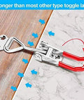 Manual Horizontal Hook & Latch Clamp 220Lbs Holding Capacity shown securing a door with zinc-plated steel and red handle.