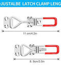 Manual Horizontal Hook & Latch Clamp 220Lbs Holding Capacity with adjustable lengths shown, 11 cm and 8.9 cm.