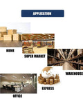 Applications of Heavy Duty Packing Tape 6 Rolls Clear 360 Yards 2.7 Mil, shown in home, supermarket, office, warehouse, express settings.