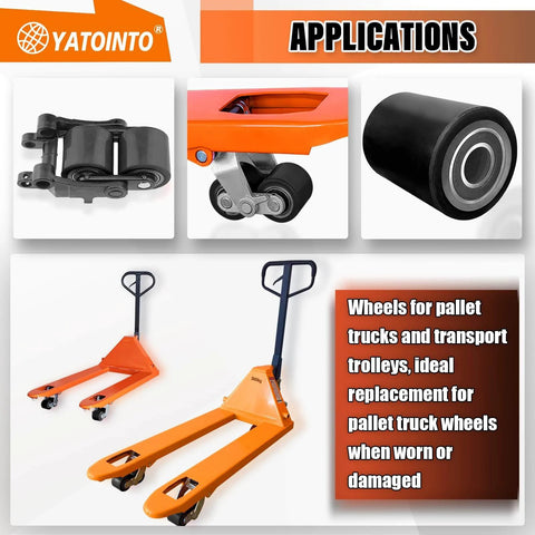 Application of pallet jack load wheels full set 3 x 3.75 inch with axles and entry exit rollers, black polyurethane load wheels kit