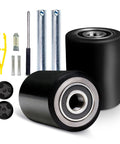 Pallet jack load wheels full set 3 x 3.75 inch with entry exit roller, black polyurethane tread on steel, 20mm ID bearings included
