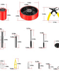 Pallet Jack Wheels Set for most manual pallet jacks, complete replacement kit parts and dimensions, red wheels, axles, bearings shown.
