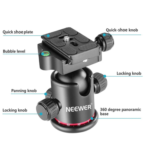 Professional Metal 360 Degree Rotating Panoramic Ball Head With One Quarter Inch Quick Release Plate And Bubble Level