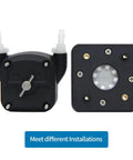 Back and front view of 400ml/min high flow peristaltic pump 12V dc brushed motor lab liquid dosing pump with BPT tube and fittings