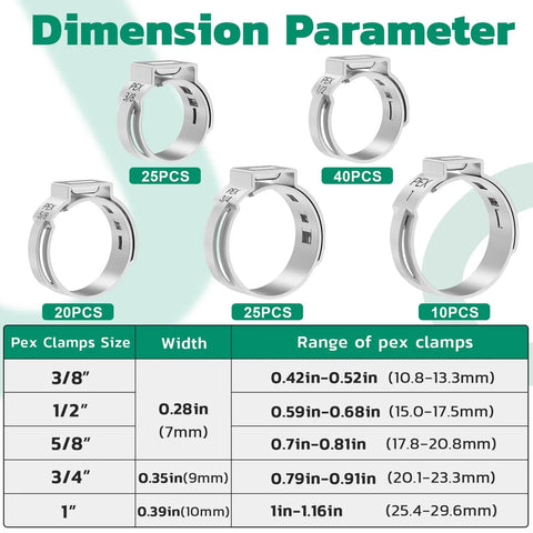 120 Piece Pex Crimp Ring And Cinch Clamp Set In 304 Stainless Steel For Pex Tubing Includes Five Sizes Chart