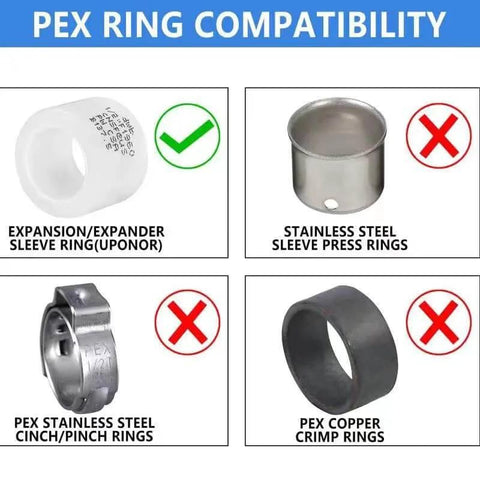 Image of PEX ring compatibility showing expansion sleeve ring compatibility with a PPSU manifold and incompatible alternatives.