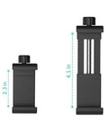 Universal Wall Mount Bracket With Adjustable Metal Arm For Action Cameras And Smartphones, heavy duty, showing phone clip sizes.