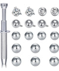 Piercing Jewelry Ball Grabber Tool For 16G Piercings With Screw On Replacement Balls Kit shown with tool and 20 balls, stainless steel.