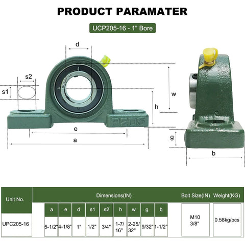 Diagram showing dimensions of 2 Pack UCP205-16 Pillow Block Mounted Ball Bearing - 1" Bore - Solid Cast Iron Base - Self Aligning