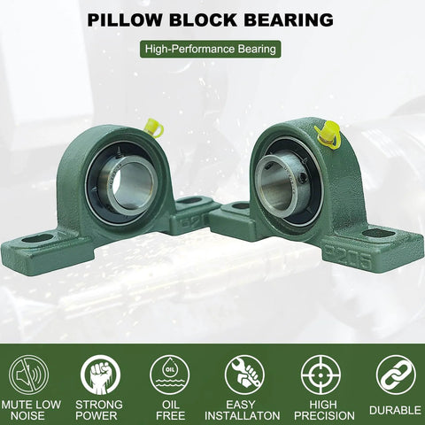 2 Pack UCP205-16 Pillow Block Mounted Ball Bearing - 1" Bore - Solid Cast Iron Base - Self Aligning shown with icons and features.